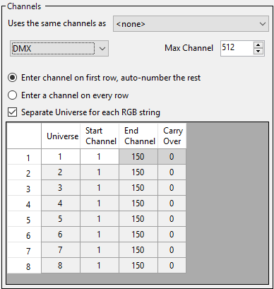 The Channels section (DMX device type)