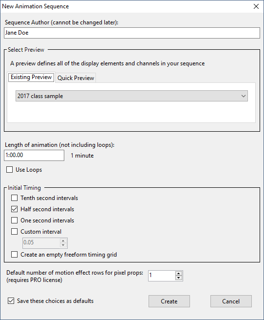 The New Animation Sequence dialog