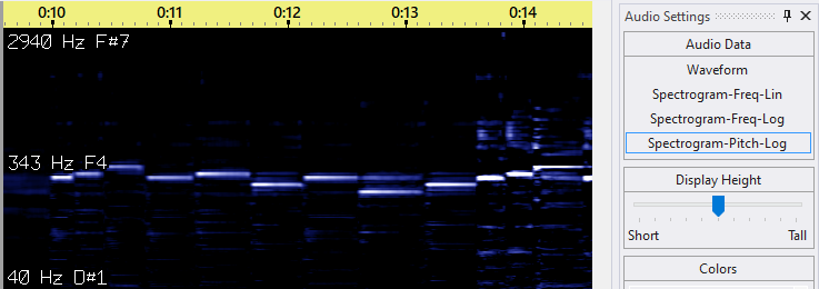 Audio displayed as a spectrogram with pitch detection applied (requires Pro license)