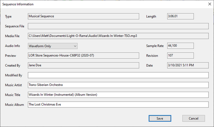 The Sequence Information dialog The Sequence Information dialog