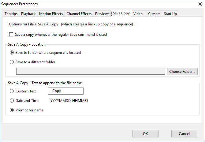 The Sequencer Preferences - Save Copy Tab The Sequencer Preferences - Save Copy Tab