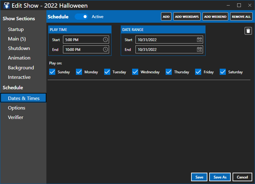 A single schedule entry that will run from 5pm to 10pm on 31 Oct 2022 A single schedule entry that will run from 5pm to 10pm on 31 Oct 2022