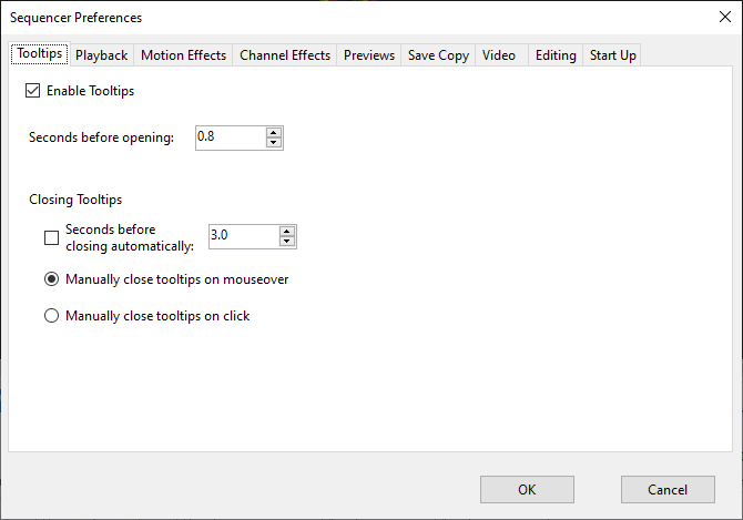 Sequencer Preferences - Tooltips Tab