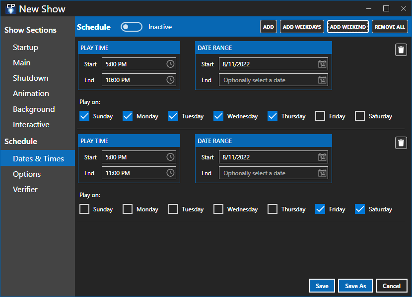 The schedule after pressing the "Add Weekdays" and "Add Weekend" buttons The schedule after pressing the "Add Weekdays" and "Add Weekend" buttons