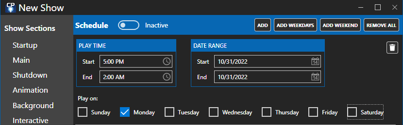 A single schedule entry that will run from 5pm on 31 Oct 2022 until 2am on 1 Nov 2022 A single schedule entry that will run from 5pm on 31 Oct 2022 until 2am on 1 Nov 2022