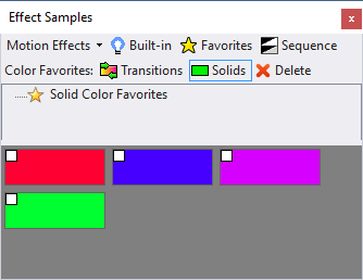 The Effect Samples window displaying solid color favorites The Effect Samples window displaying solid color favorites
