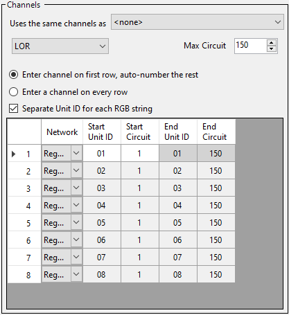 The Channels section (LOR device type) The Channels section (LOR device type)