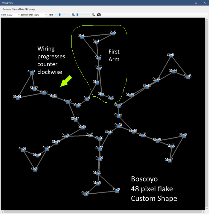 Boscoyo 48 pixel snowflake, Wiring view - front Boscoyo 48 pixel snowflake, Wiring view - front