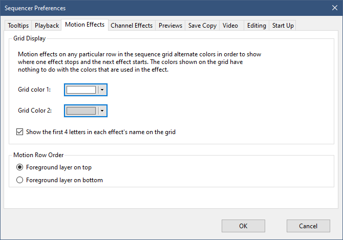 The Sequencer Preferences - Motion Effects Tab