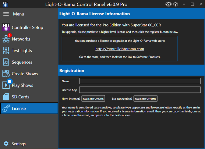 The Control Panel's license section