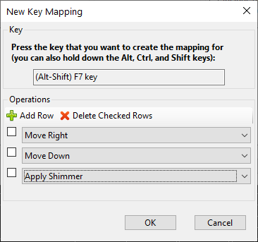 The New Key Mapping dialog, having selected a key and multiple operations The New Key Mapping dialog, having selected a key and multiple operations