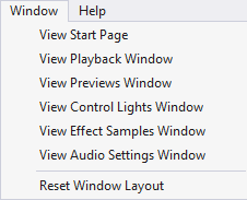 The Window menu with all options displayed The Window menu with all options displayed