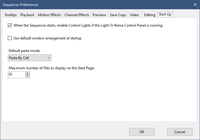 The Sequencer Preferences - Start Up Tab The Sequencer Preferences - Start Up Tab