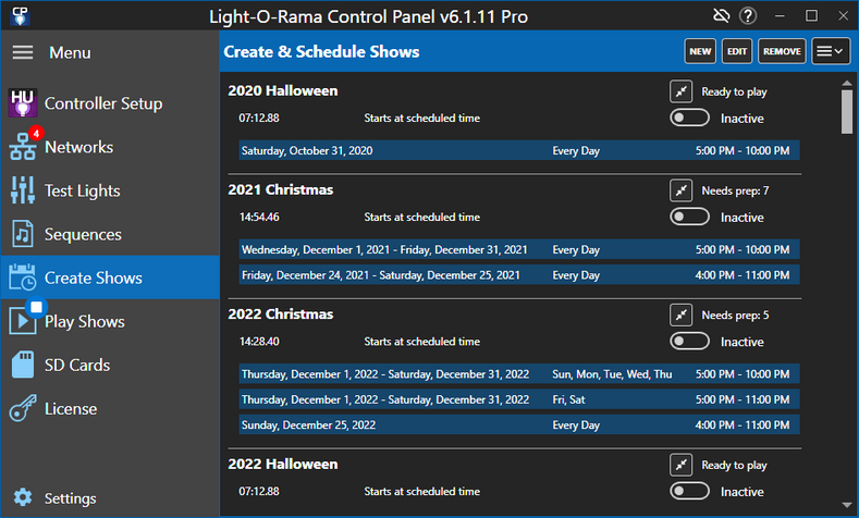 A list of 4 shows and their associated schedules A list of 4 shows and their associated schedules