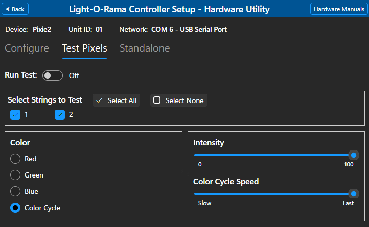 The Test Pixels tab for Pixies and Cosmic Color Devices The Test Pixels tab for Pixies and Cosmic Color Devices