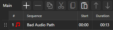 Media file is missing for the sequence "Bad Audio Path" Media file is missing for the sequence "Bad Audio Path"