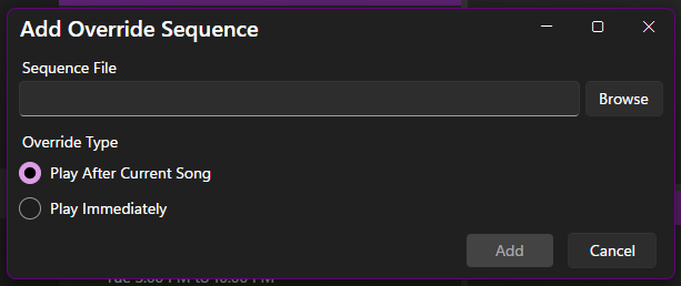The Override Sequence dialog The Override Sequence dialog