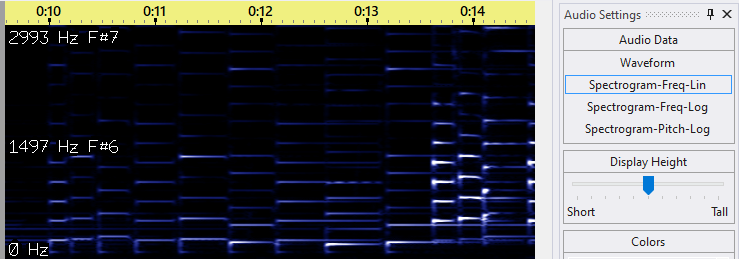 Audio displayed as a spectrogram with a linear vertical scale (requires Pro license) Audio displayed as a spectrogram with a linear vertical scale (requires Pro license)