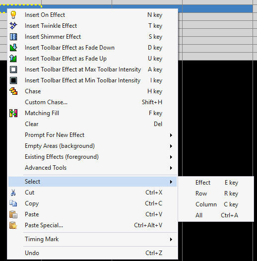 Right-click context menu with Select sub-menu shown Right-click context menu with Select sub-menu shown