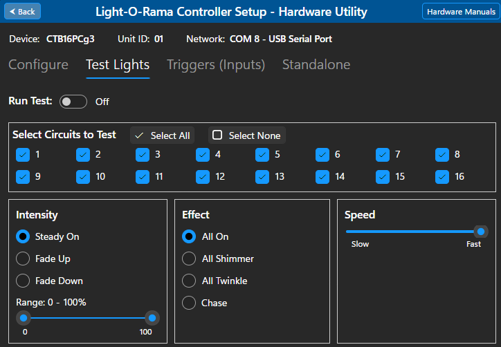The Test Lights tab The Test Lights tab