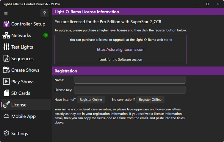 The Control Panel's license section The Control Panel's license section