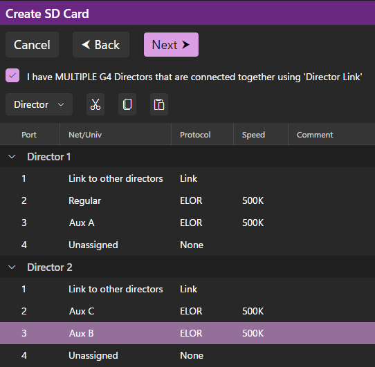 Aux B moved to Director 2, port 3 Aux B moved to Director 2, port 3
