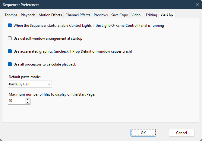 The Sequencer Preferences - Start Up Tab The Sequencer Preferences - Start Up Tab