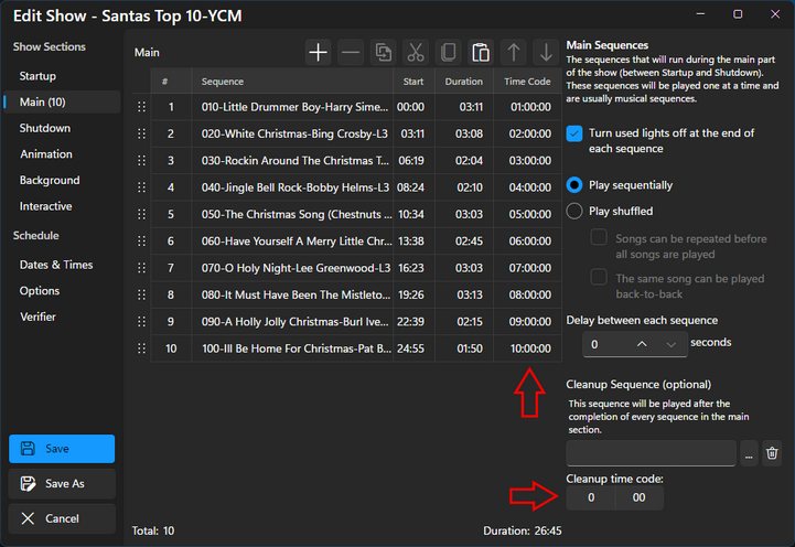 Show with time codes assigned