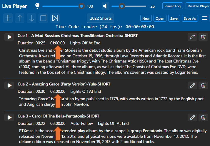 Time codes in Cue List Player