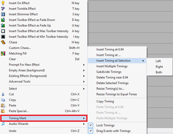 Right-click menu with the Timing Mark sub-menu open Right-click menu with the Timing Mark sub-menu open