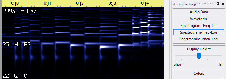 Audio displayed as a spectrogram with a logarithmic vertical scale (requires Pro license) Audio displayed as a spectrogram with a logarithmic vertical scale (requires Pro license)