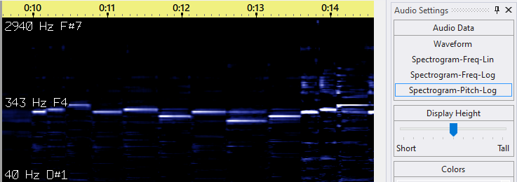 Audio displayed as a spectrogram with pitch detection applied (requires Pro license) Audio displayed as a spectrogram with pitch detection applied (requires Pro license)