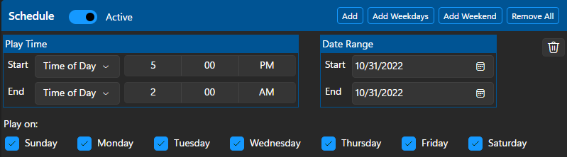 A single schedule entry that will run from 5pm on 31 Oct 2022 until 2am on 1 Nov 2022
