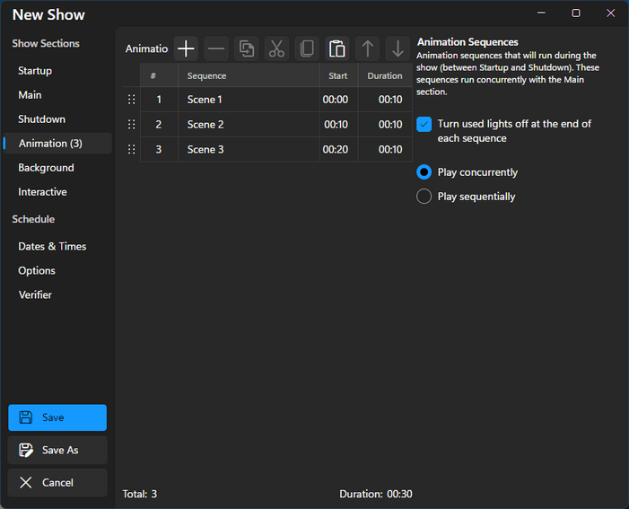 The Animation section, with 3 sequences that will play concurrently