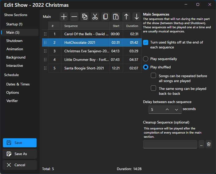 The Main section, shuffled playback, with a 5 second delay between sequences
