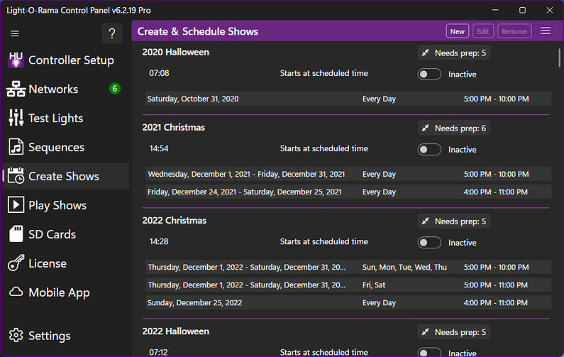 A list of 4 shows and their associated schedules
