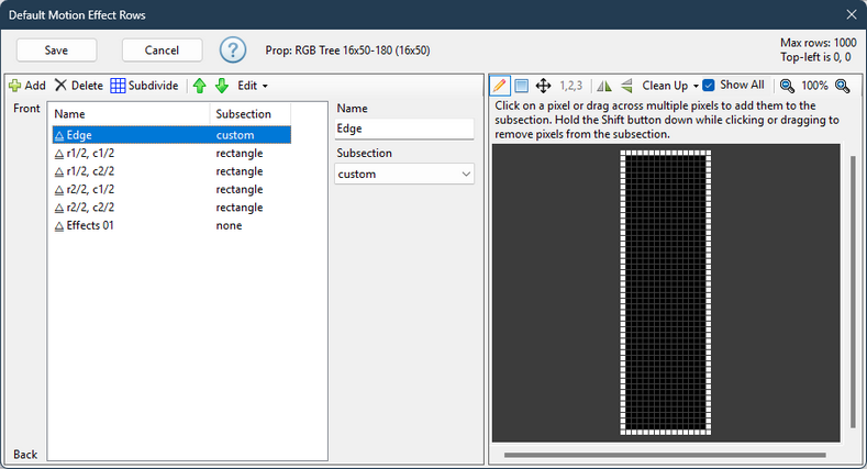 Defining a custom set of pixels to be controlled by the motion effect row