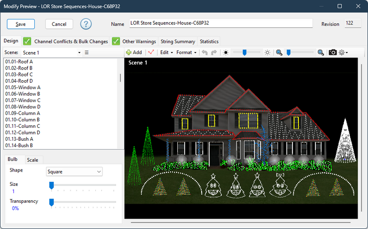 The Preview Design window with lights drawn on top of a background photo of a house