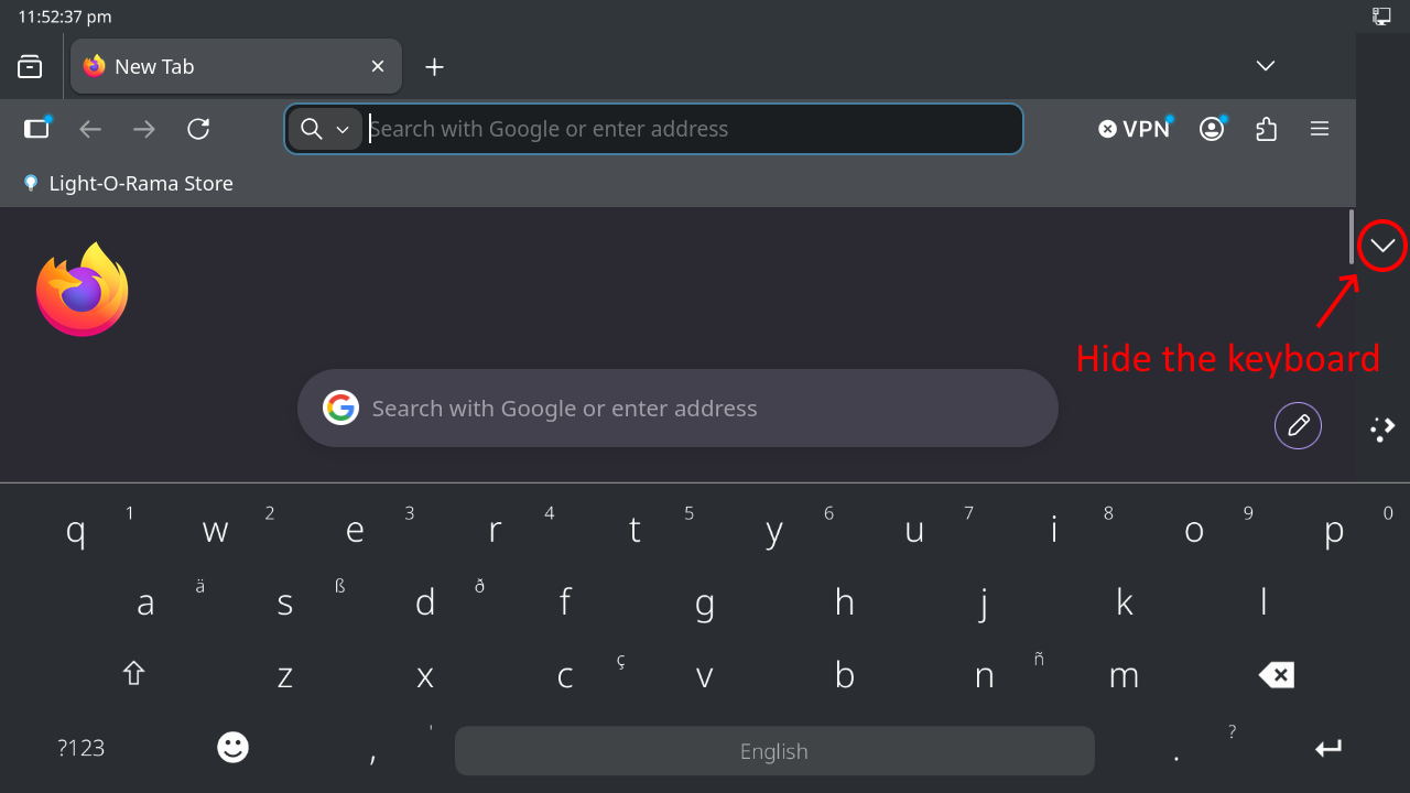 System keyboard shown with the Firefox web browser System keyboard shown with the Firefox web browser