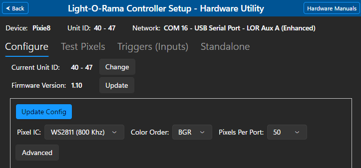 Pixie Controller configuration screen Pixie Controller configuration screen