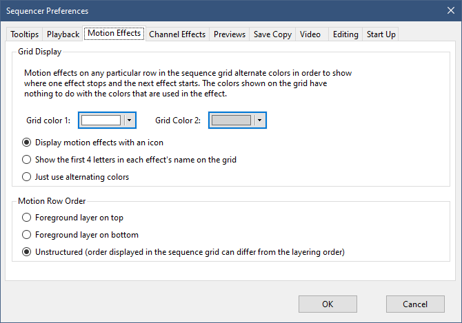The Sequencer Preferences - Motion Effects Tab