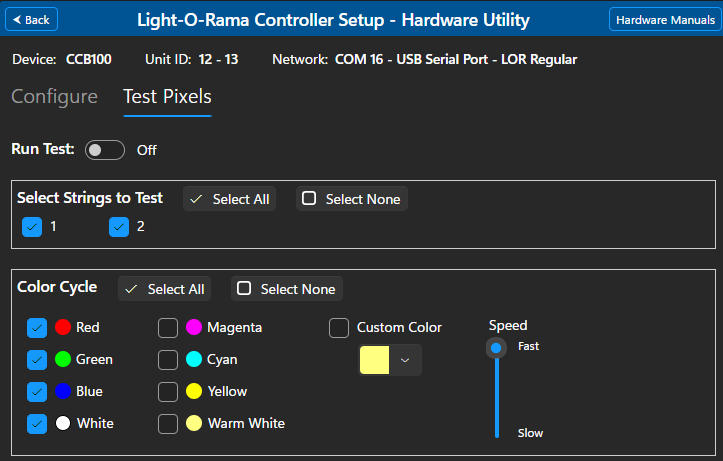 The Test Pixels tab for Pixies and Cosmic Color Devices The Test Pixels tab for Pixies and Cosmic Color Devices