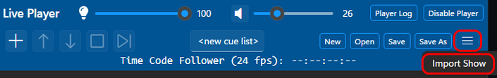 Click the 3-bar menu button, then Import Show