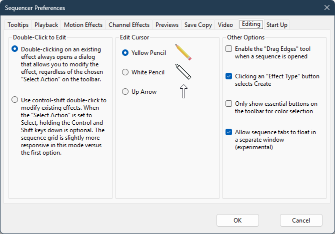 Sequencer Preferences - Editing Tab